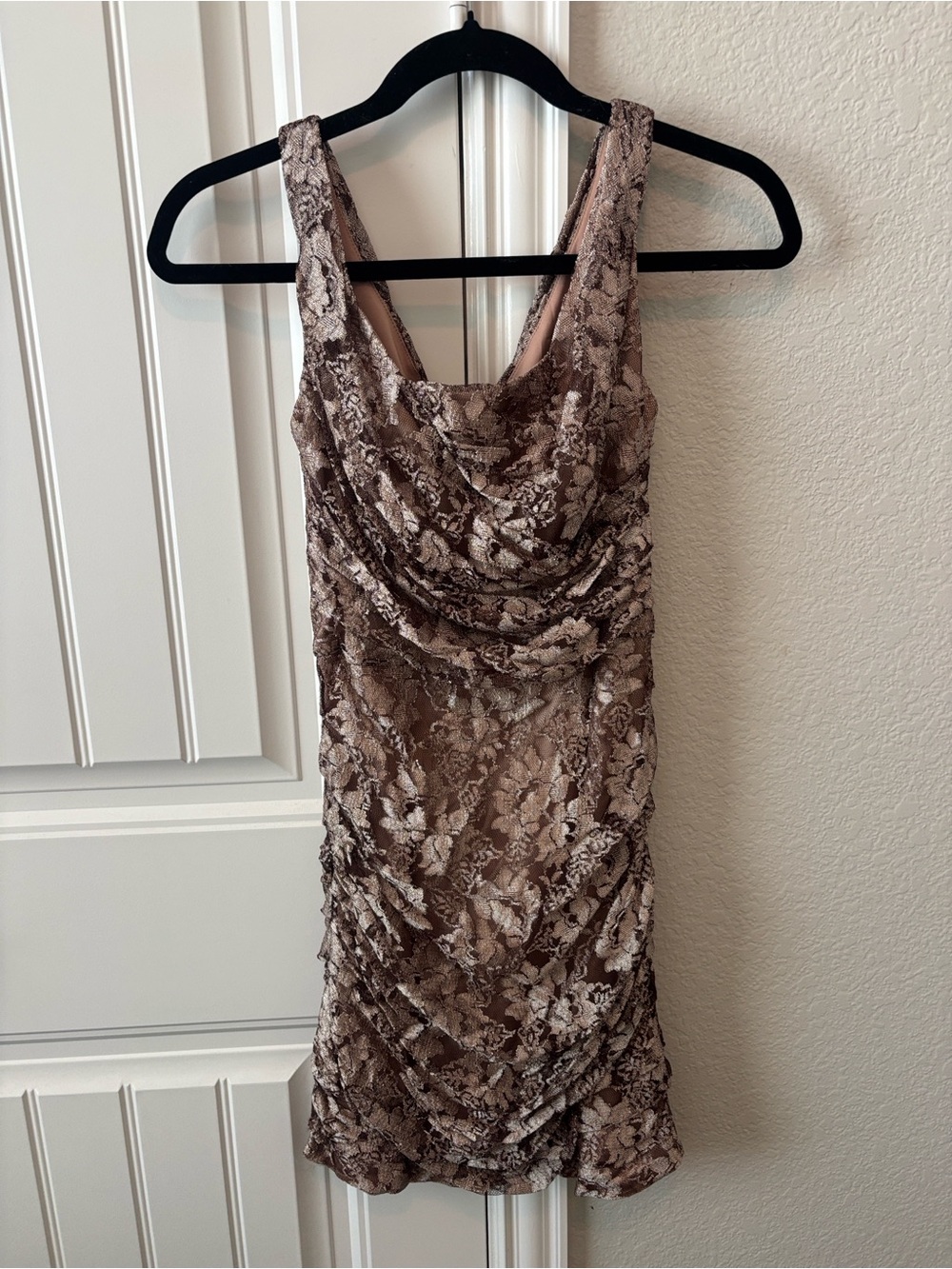Express Gold and Brown Lace Ruched Dress